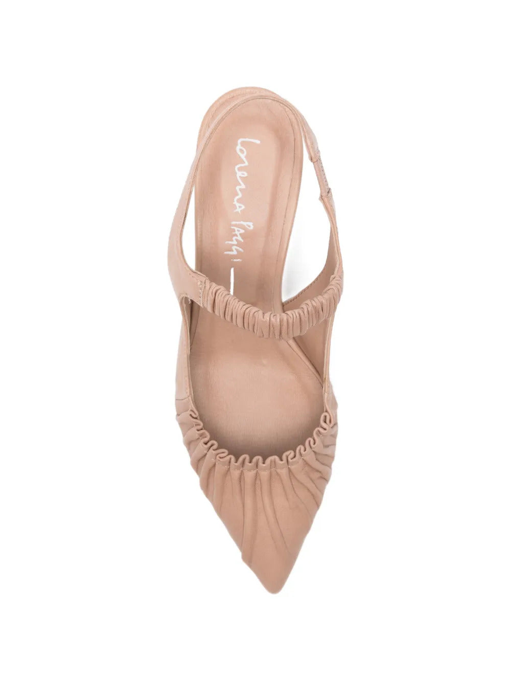 beige leather gathered detail pointed toe slingback strap