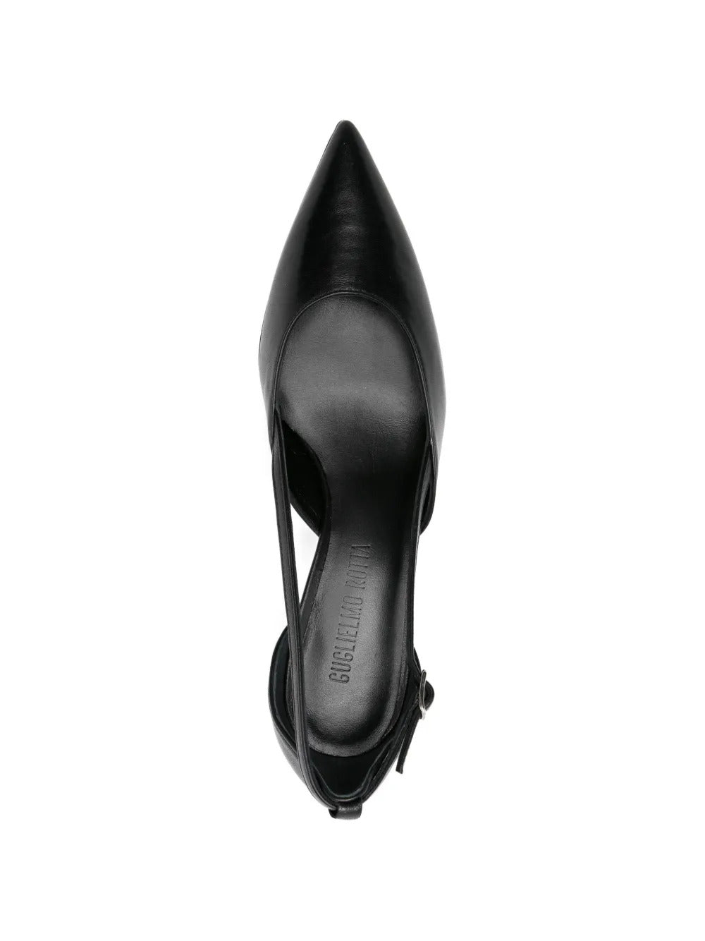 black pointed toe buckle fastening slingback strap