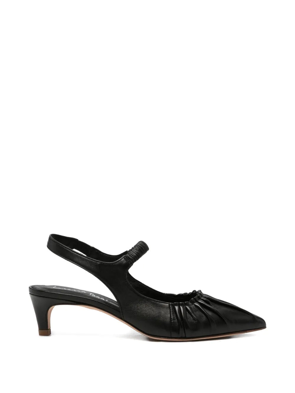 black leather pointed toe ruched detail slingback strap