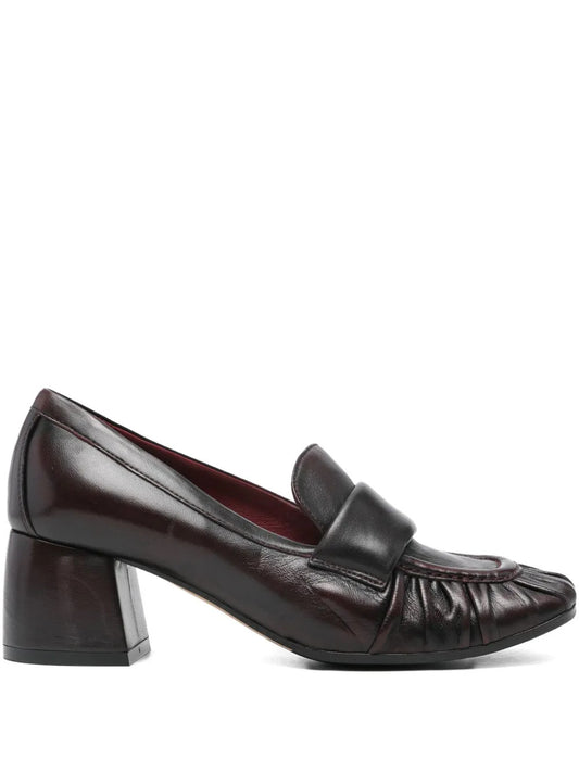 burgundy
 pleated detail
 loafer design
 square toe
 mid block heel