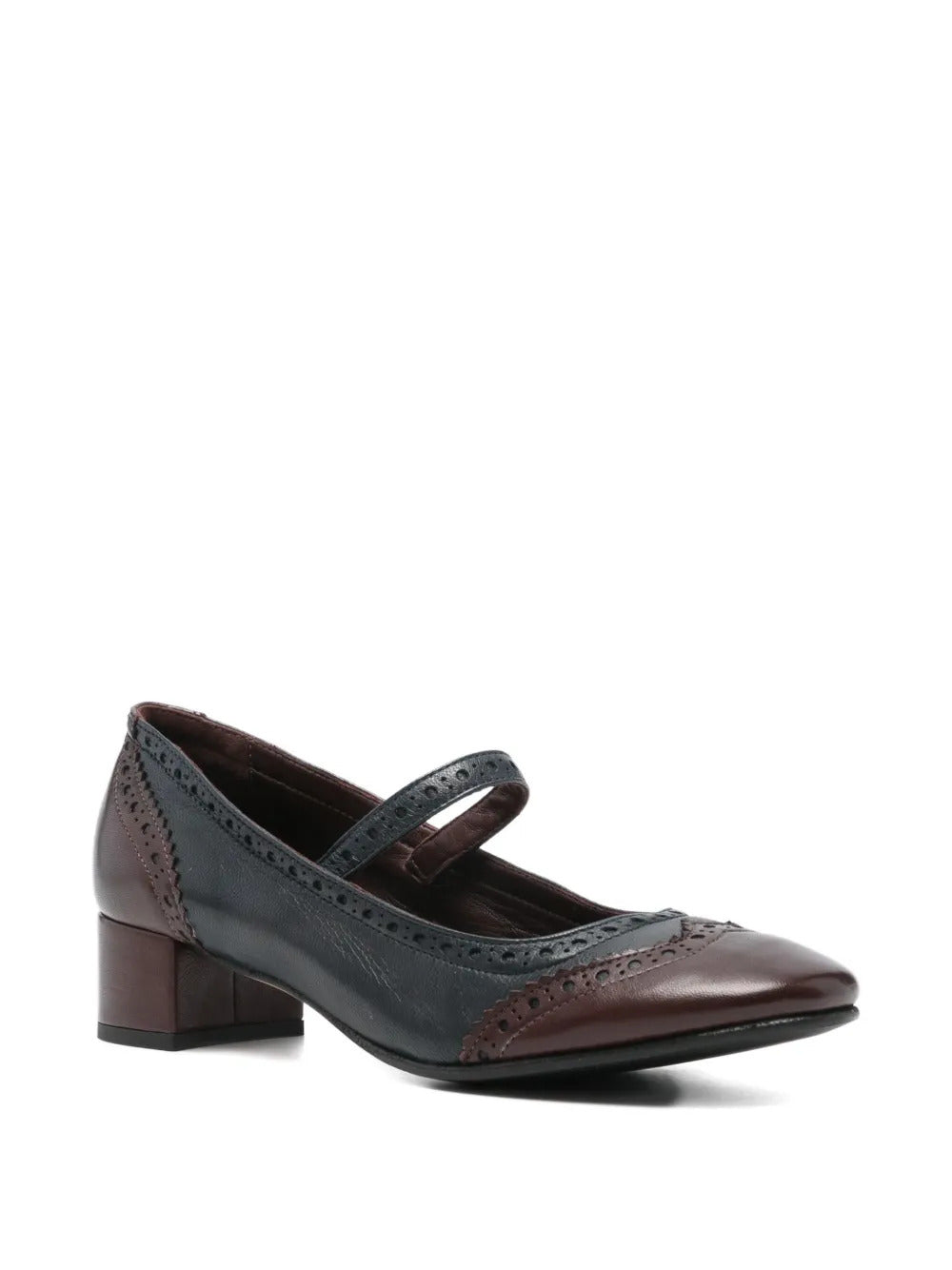 brown and navy blue
 leather
 brogue detailing
 Mary Jane strap
 low block heel
 pointed toe