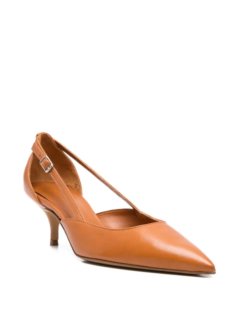 brown pointed toe buckle fastening cut-out detail