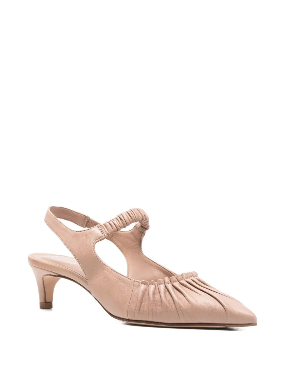 beige leather gathered detail pointed toe slingback strap