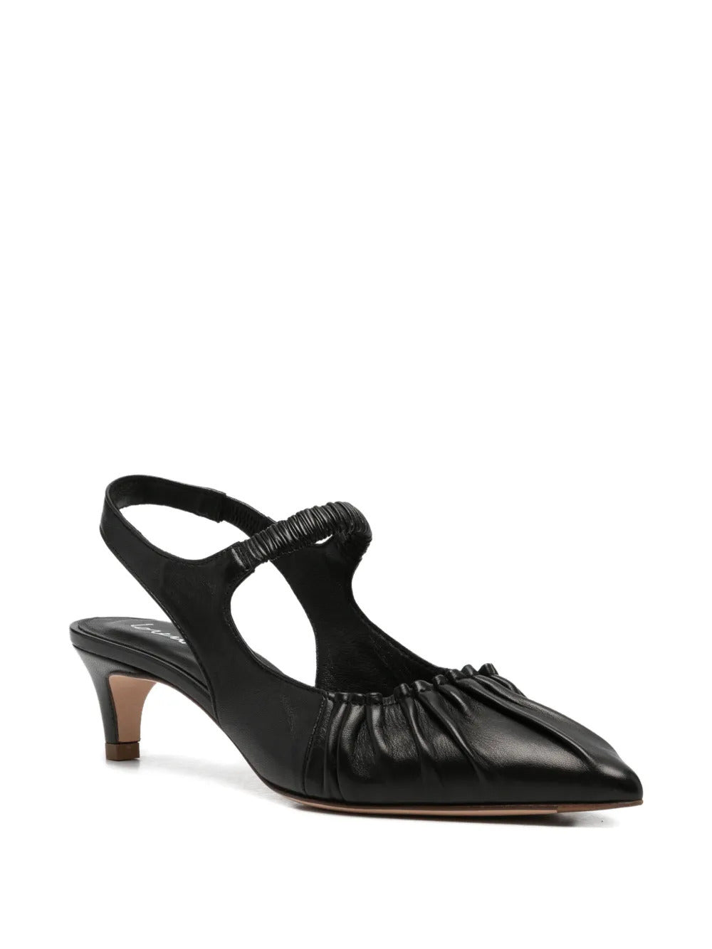black leather pointed toe ruched detail slingback strap