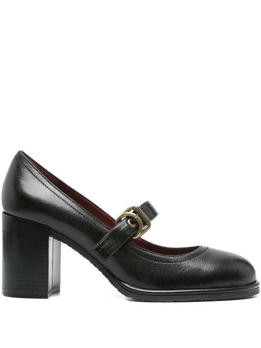 75mm buckle-strap block-heel pumps