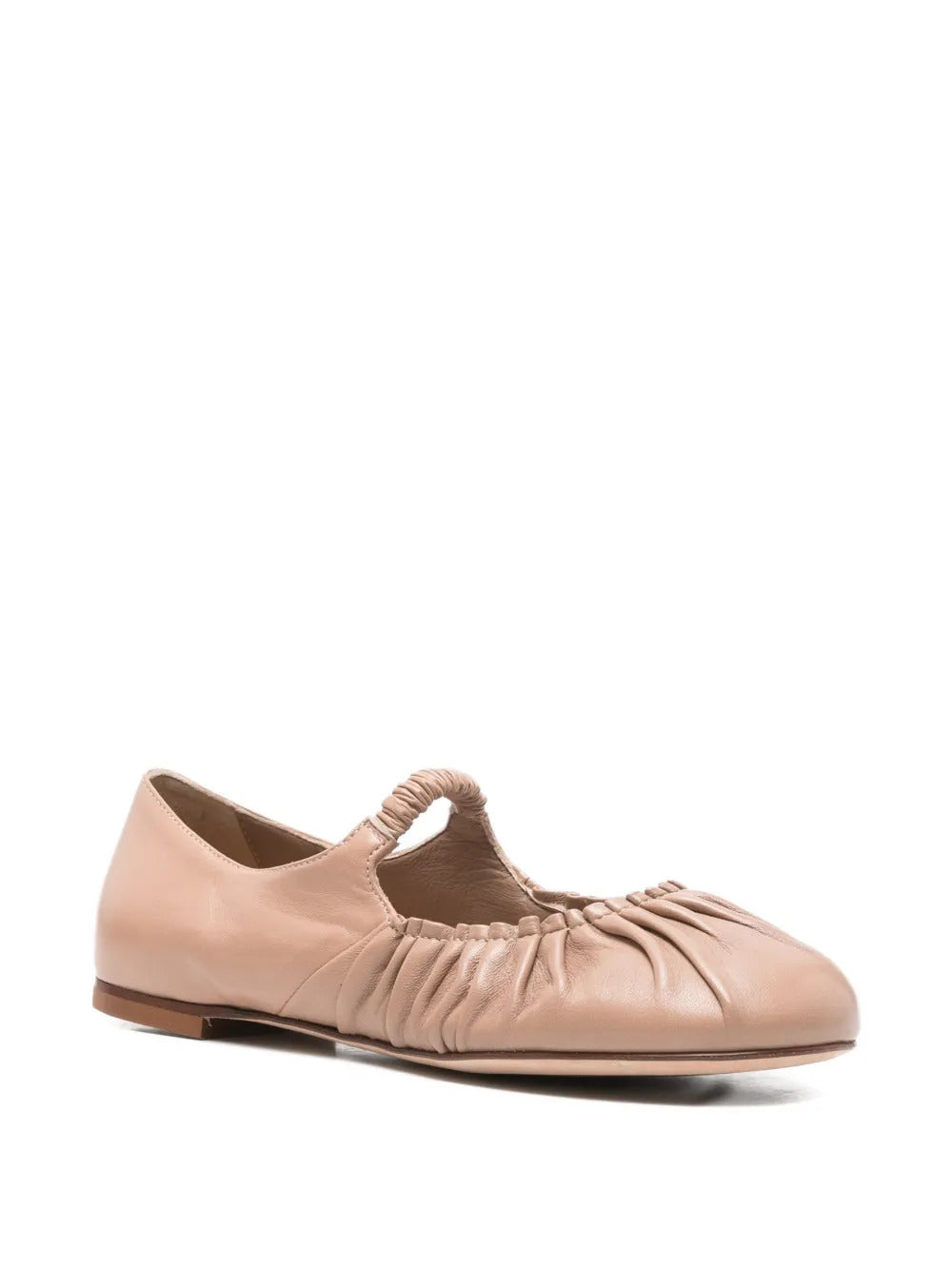 beige leather ruched detailing strap round toe flat sole