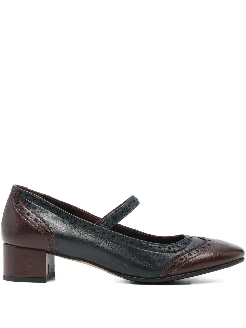 brown and navy blue
 leather
 brogue detailing
 Mary Jane strap
 low block heel
 pointed toe