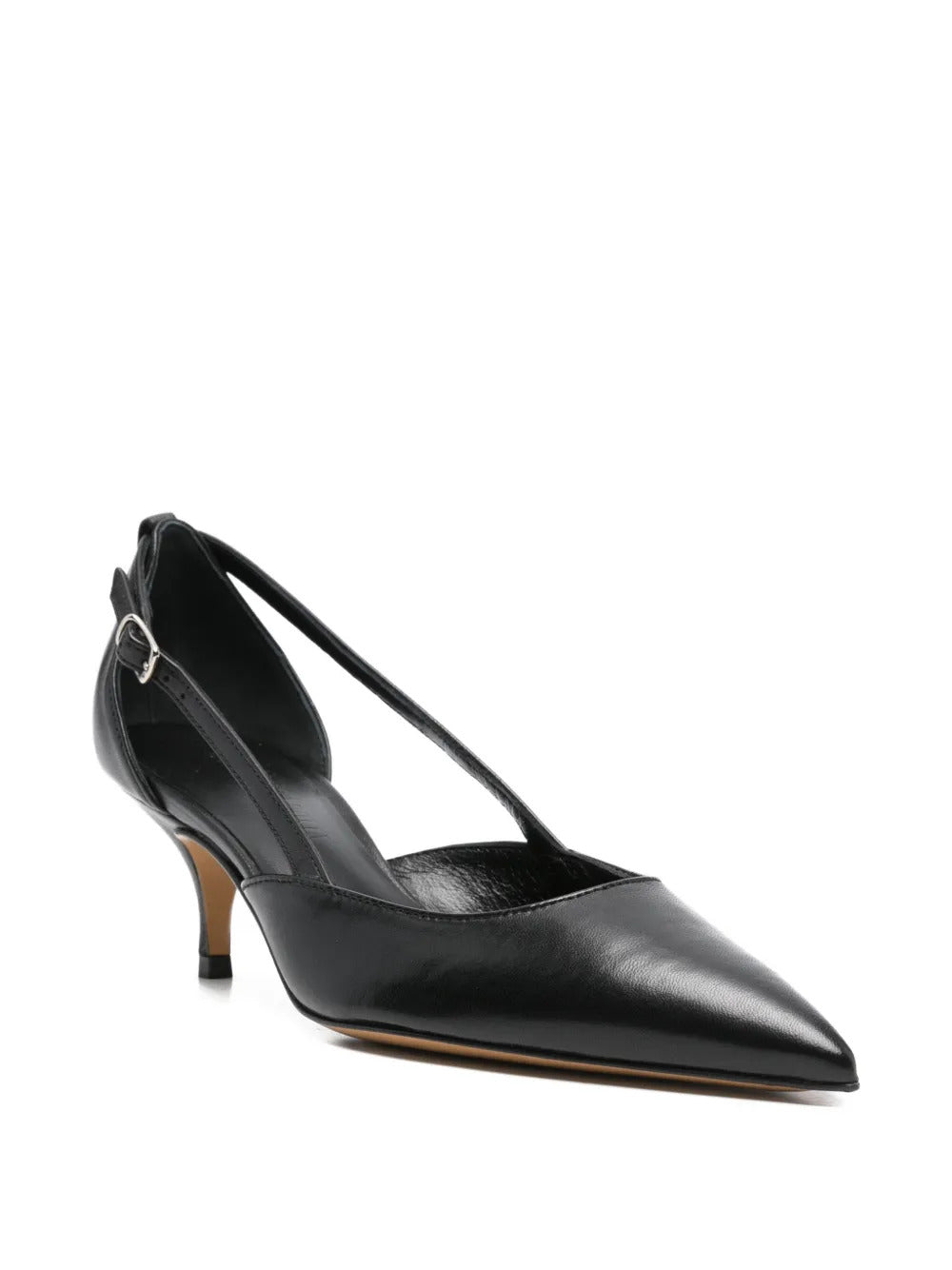 black pointed toe buckle fastening slingback strap