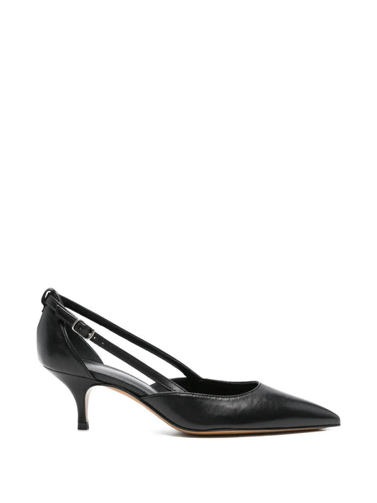 black pointed toe buckle fastening slingback strap