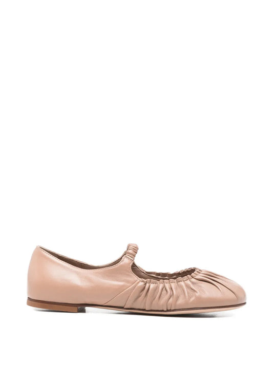 beige leather ruched detailing strap round toe flat sole