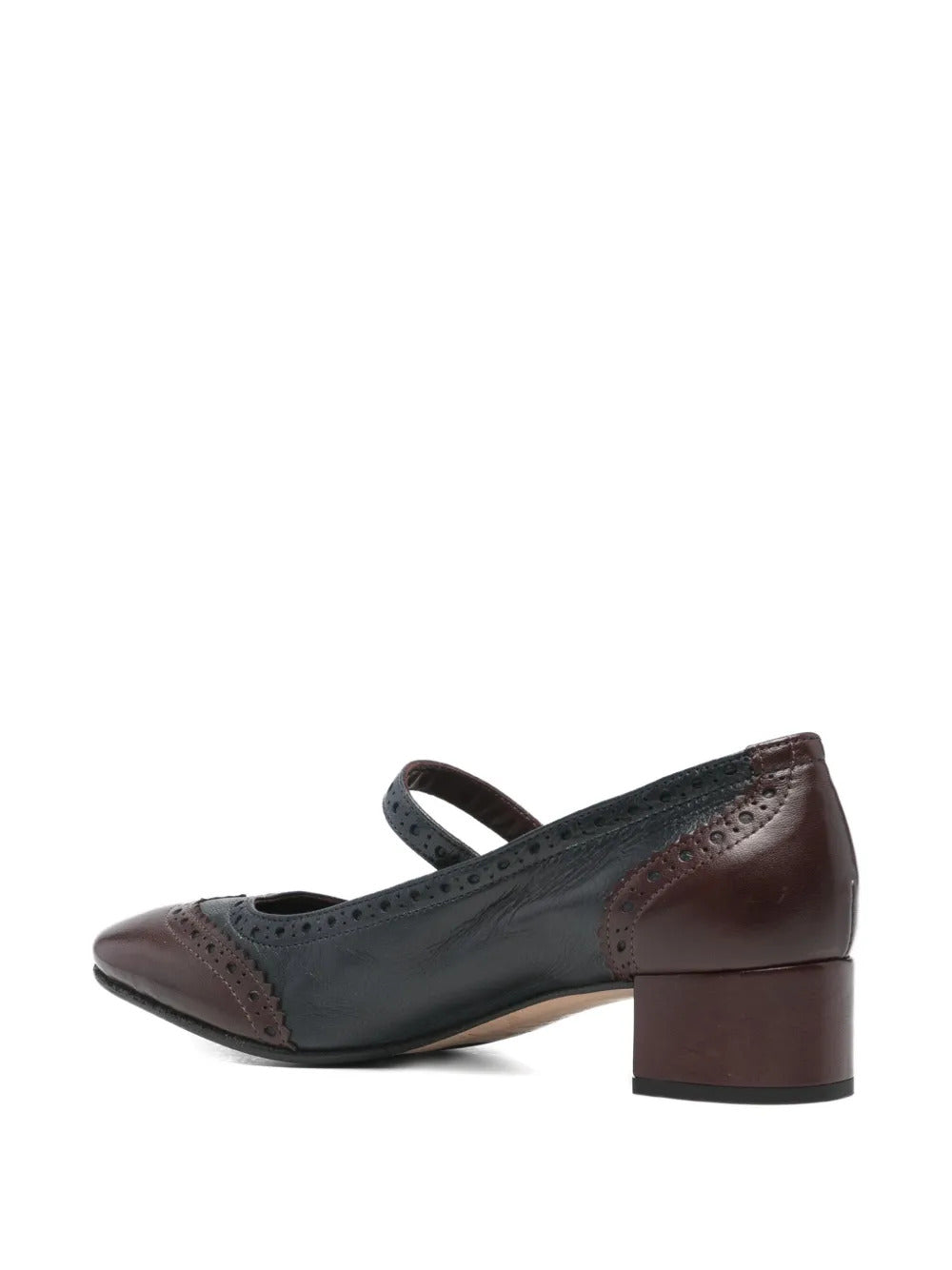 brown and navy blue
 leather
 brogue detailing
 Mary Jane strap
 low block heel
 pointed toe