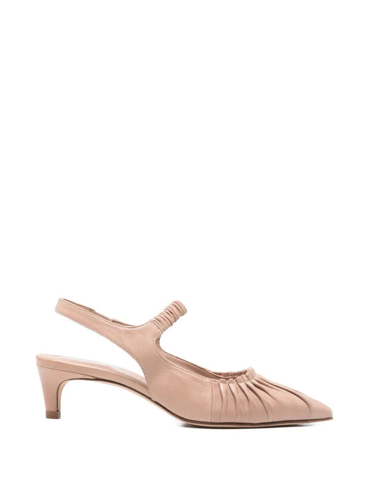 beige leather gathered detail pointed toe slingback strap