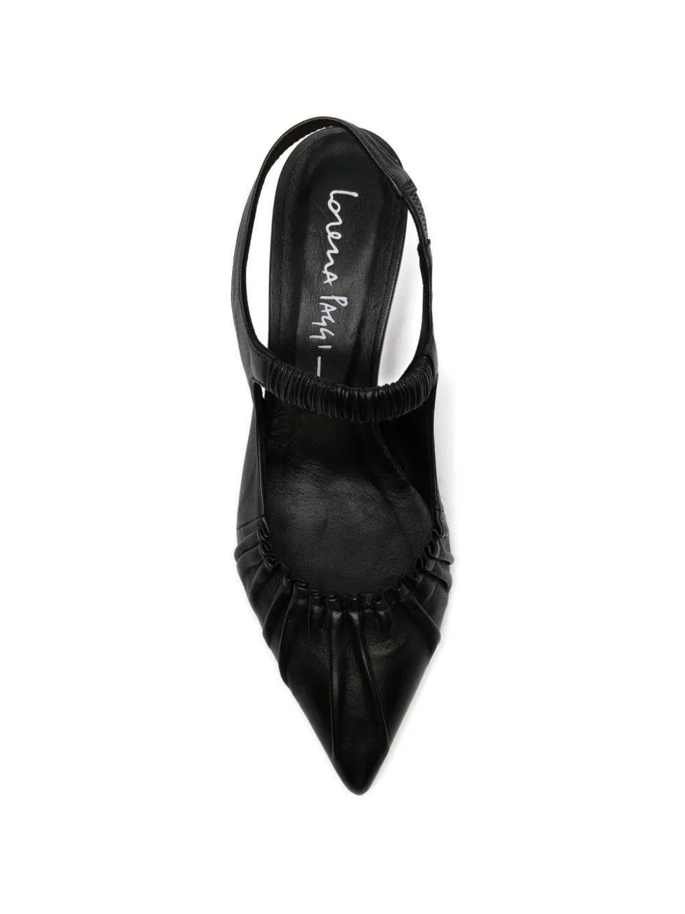 black leather pointed toe ruched detail slingback strap